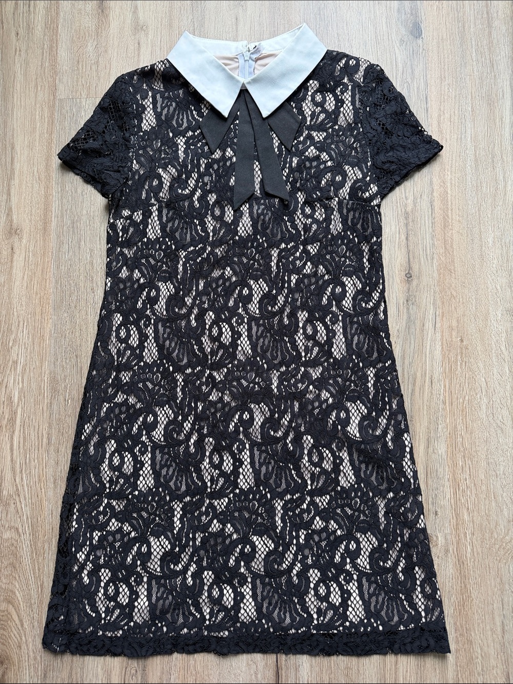 Betsey Johnson Black Lace Shift Dress with White Collar and Black Bow Accent